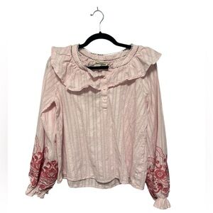 Savanna Jane Women's Pink Ruffled Top with Pink Embroidery Size: Medium